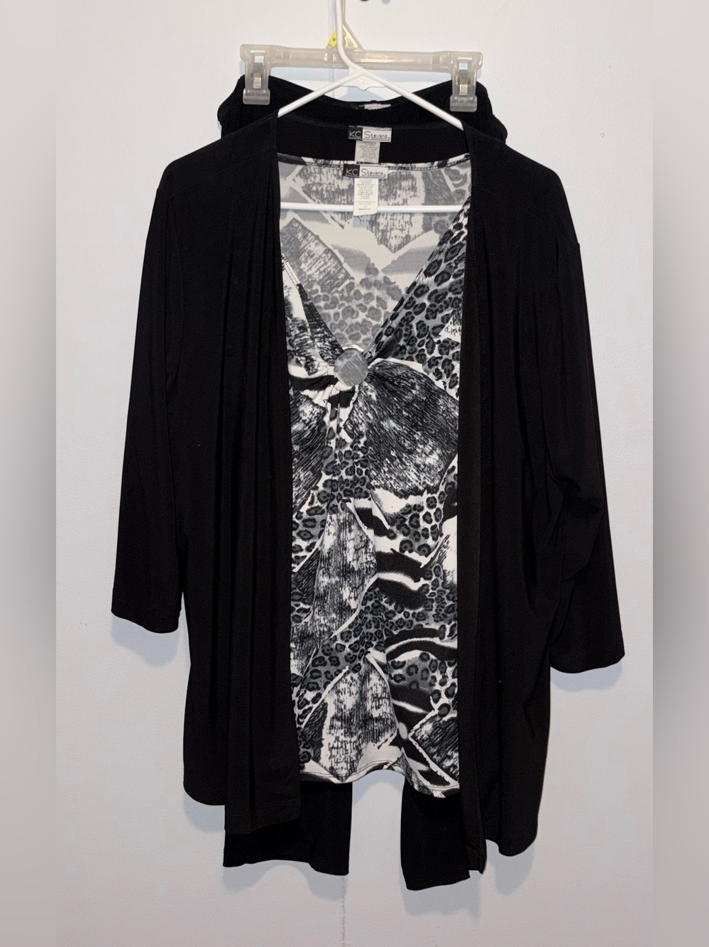 KC Stevens 3 Piece Pant Set Black White Animal Print 2X